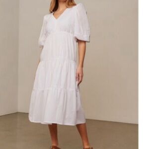 Hudson North Striped Prairie Picnic Puff Sleeve Tiered Midi Dress Cotton S nwt